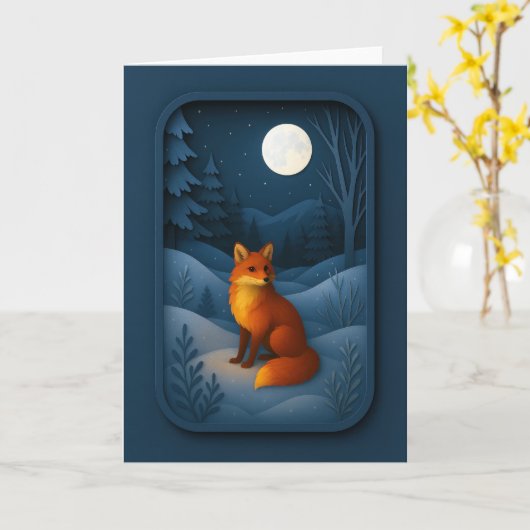 Moonlit Fox in Snowy Forest Card Kaart (Gele Bloem)