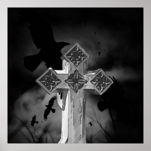 Moonlit GraveYard Gothic Cross met Krogen Poster (Voorkant)
