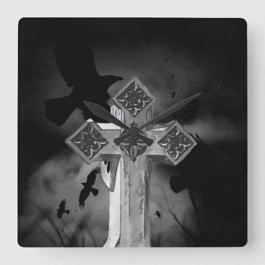 Moonlit GraveYard Gothic Cross met Krogen Vierkante Klok (Voorkant)