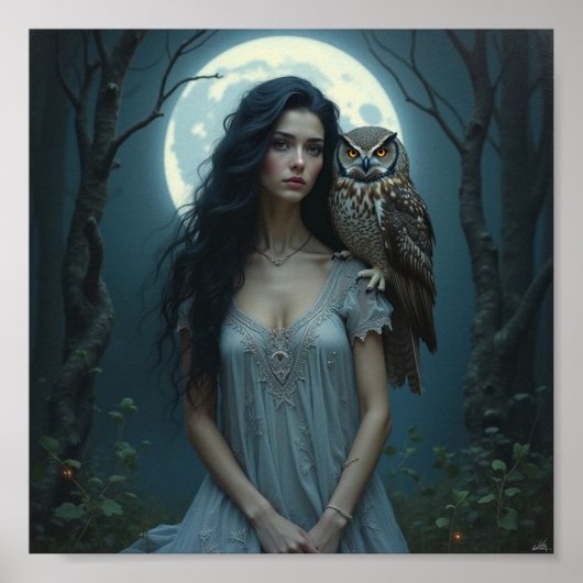 Moonlit Guardian – Fantasy Woman & Owl Art Poster (Devant)