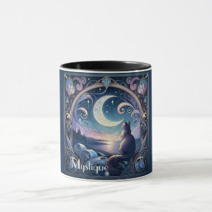 Moonlit Kat Fantasy Blauw Art Nouveau Mok