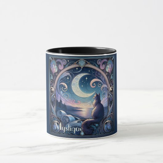 Moonlit Kat Fantasy Blauw Art Nouveau Mok (Midden)