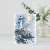Moonlit Lighthouse aan de Rocky Coastline Briefkaart (Staand voorkant)
