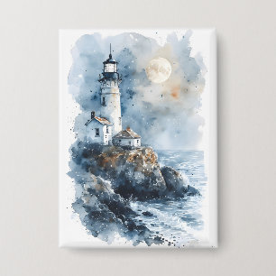 Moonlit Lighthouse aan de Rocky Coastline Button