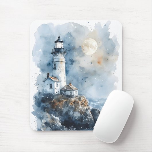 Moonlit Lighthouse aan de Rocky Coastline Muismat (Met muis)