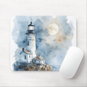 Moonlit Lighthouse aan de Rocky Coastline Muismat