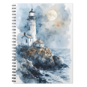 Moonlit Lighthouse aan de Rocky Coastline Notitieboek
