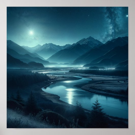 Moonlit Mountain River onder de sterren Poster (Voorkant)