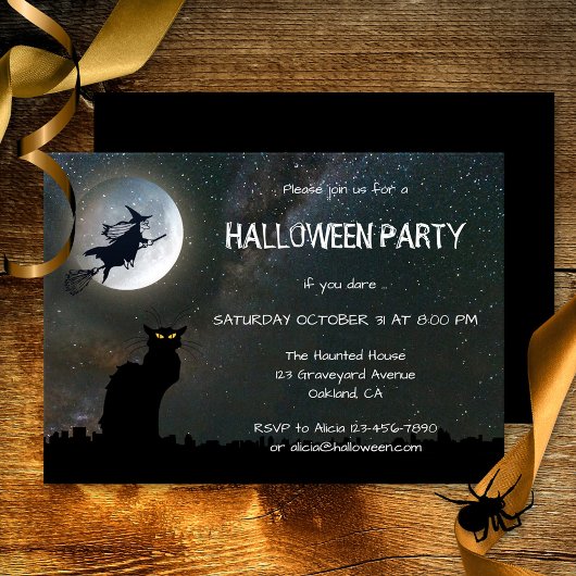 Moonlit Night Cat Halloween Party Invitation Kaart