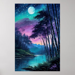 Moonlit Oasis: Bamboe beklede rivieroever Poster
