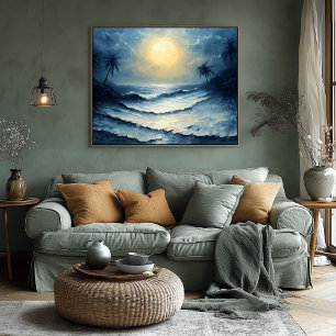 Moonlit Ocean Waves – Abstract zeegezicht met palm Poster