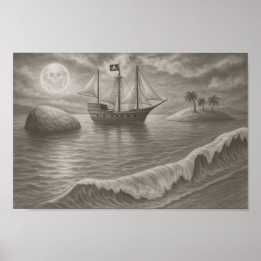 Moonlit Pirate Ship Drawing – Nautical Fantasy Poster (Voorkant)