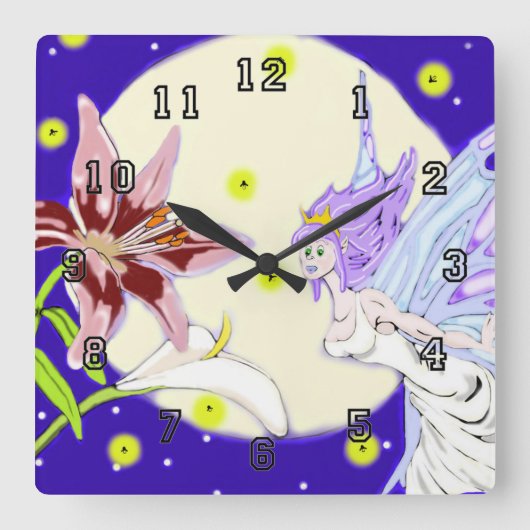 Moonlit Pixie Wall Clock Vierkante Klok (Voorkant)