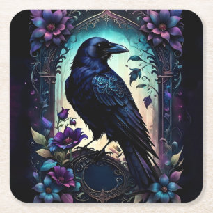 Moonlit Raven Gotische bloemige trouwset. Vierkante Kartonnen Onderzetter