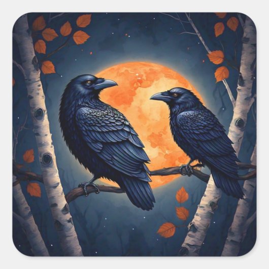 Moonlit Ravens op berkenbomen Vierkante Sticker (Voorkant)