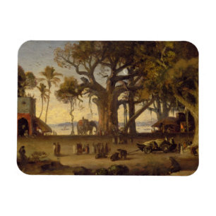 Moonlit Scene of Indian Figures and Elephants amon Magneet