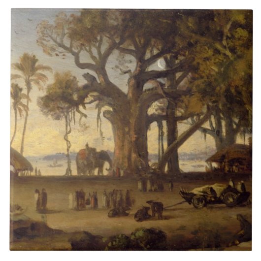 Moonlit Scene of Indian Figures and Elephants amon Tegeltje (Voorkant)
