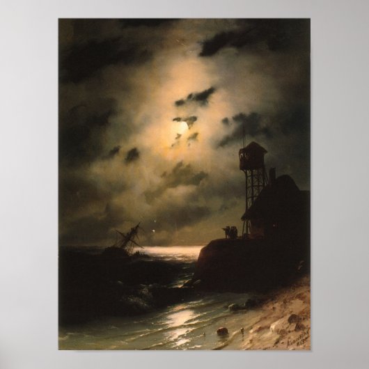 Moonlit Seascape met scheepswrak Poster (Voorkant)