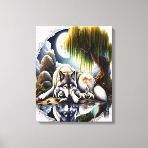 Moonlit Serenity Een Slumberende Wolf 16x20 Canvas Afdruk