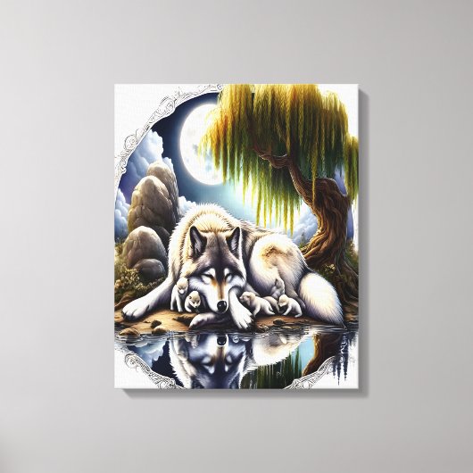 Moonlit Serenity Een Slumberende Wolf 16x20 Canvas Afdruk (Voorkant)