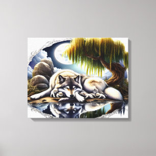 Moonlit Serenity Een Slumberende Wolf 20x16 Canvas Afdruk