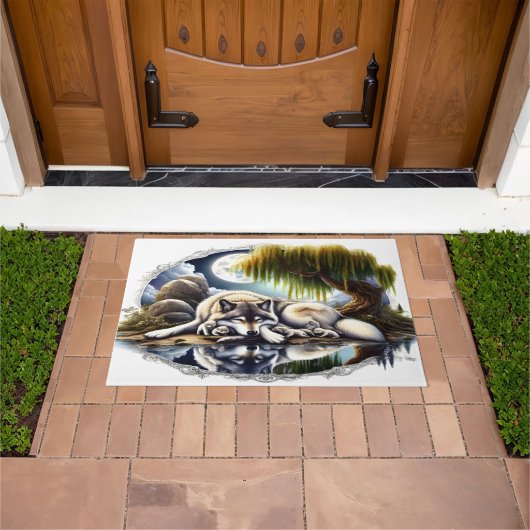 Moonlit Serenity Een Slumberende Wolf 36x24 Deurmat (Buiten)