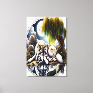 Moonlit Serenity Een Slumbering Wolf24x36 Canvas Afdruk