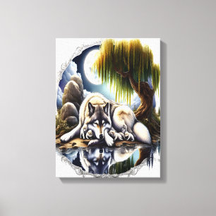 Moonlit Serenity Een Slumbering Wolf 12x16 Canvas Afdruk