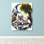 Moonlit Serenity Een Slumbering Wolf 18x24 Canvas Afdruk (Insitu (Houten vloer))