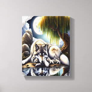 Moonlit Serenity Een Slumbering Wolf 8x10 Canvas Afdruk