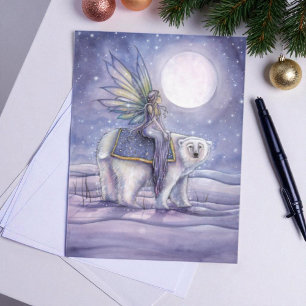 Moonlit Solstice Fairy and Polar Bear Art Briefkaart
