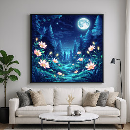 Moonlit Stream - Nighttime Illustration Art Style Poster