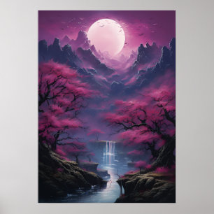 Moonlit waterval en kleurrijke landschap poster