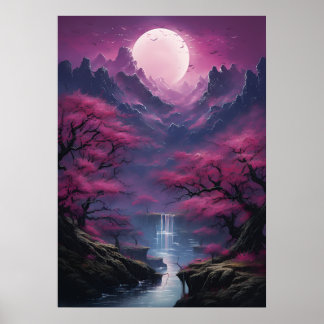 Moonlit waterval en kleurrijke landschap poster