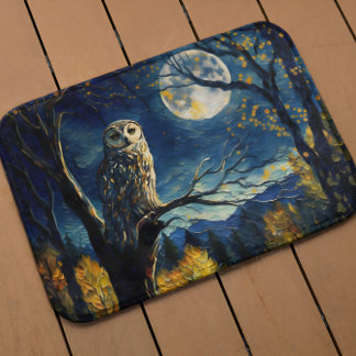 Moonlit Whispers - Van Gogh's Owl in Herfst Forest Badmat