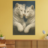 Moonlit White Tigers – Tender Blue Night Embrace Canvas Afdruk (Insitu (Woonkamer))