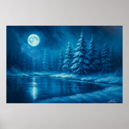Moonlit Winter Forest by a Lake Poster