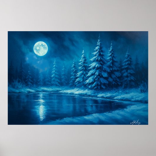 Moonlit Winter Forest by a Lake Poster (Voorkant)