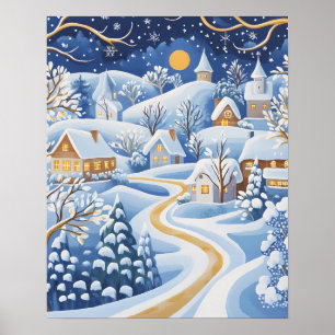 Moonlit Winter Village met Snowy Pathway Poster