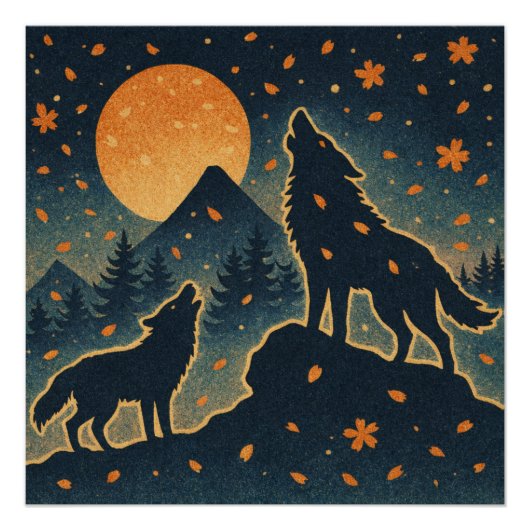 Moonlit Wolves & Mount Fuji – Japanese Night Art  Perfect Poster (Voorkant)