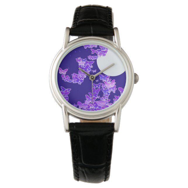 Moonscape met vlinders - lila, donkerblauw horloge (Voorkant)