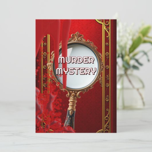 moordmysterie etentje retro rood kaart (Staand voorkant)