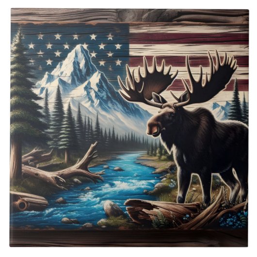 Moose aan het meer met berg- en vlagachtergrond tegeltje (Voorkant)