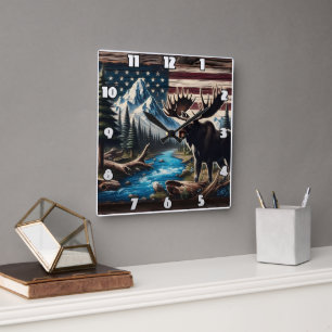 Moose aan het meer met berg- en vlagachtergrond vierkante klok