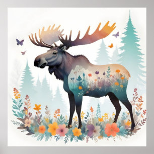 Moose Animal Natuur Forest Flowers Art Poster