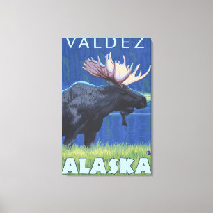 Moose at Night - Valdez, Alaska Canvas Afdruk