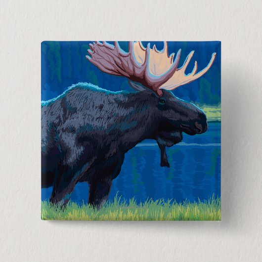 Moose at Night - West Yellowstone, Montana Vierkante Button 5,1 Cm (Voorkant)