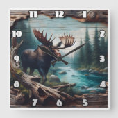 Moose bij River in Forest Landscape Art Vierkante Klok (Voorkant)