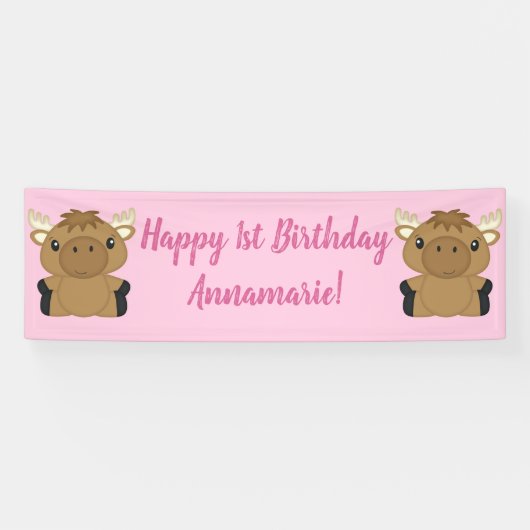 Moose Birthday Party Pink Spandoek (Horizontaal)