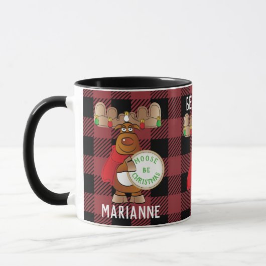 Moose Cartoon Be Merry Funny Plaid Gepersonaliseer Mok (Links)